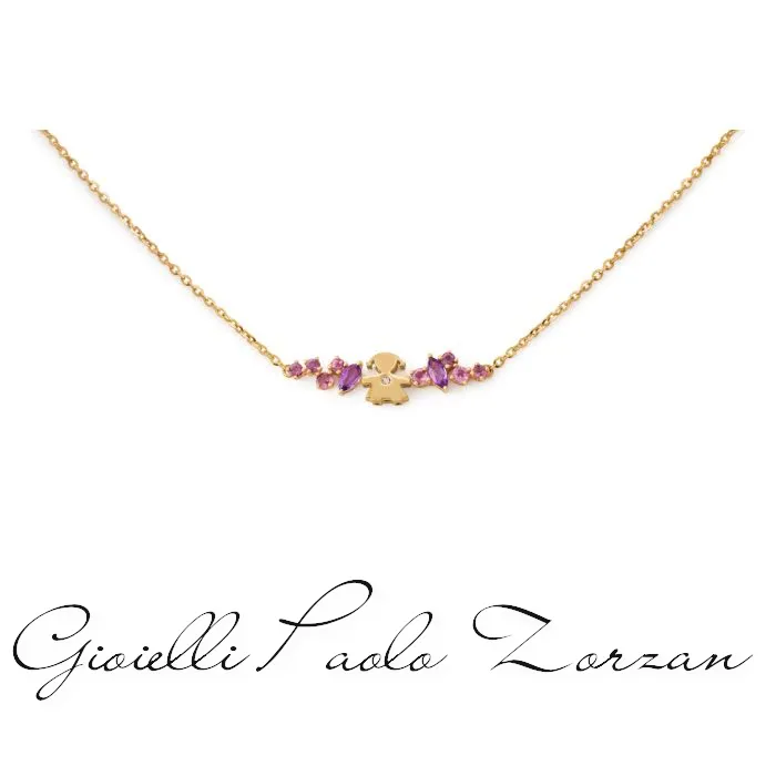 Collana le bebe’ Les Bonbons con sagoma bimba, in oro giallo con ametiste, tormaline e diamante LBB855