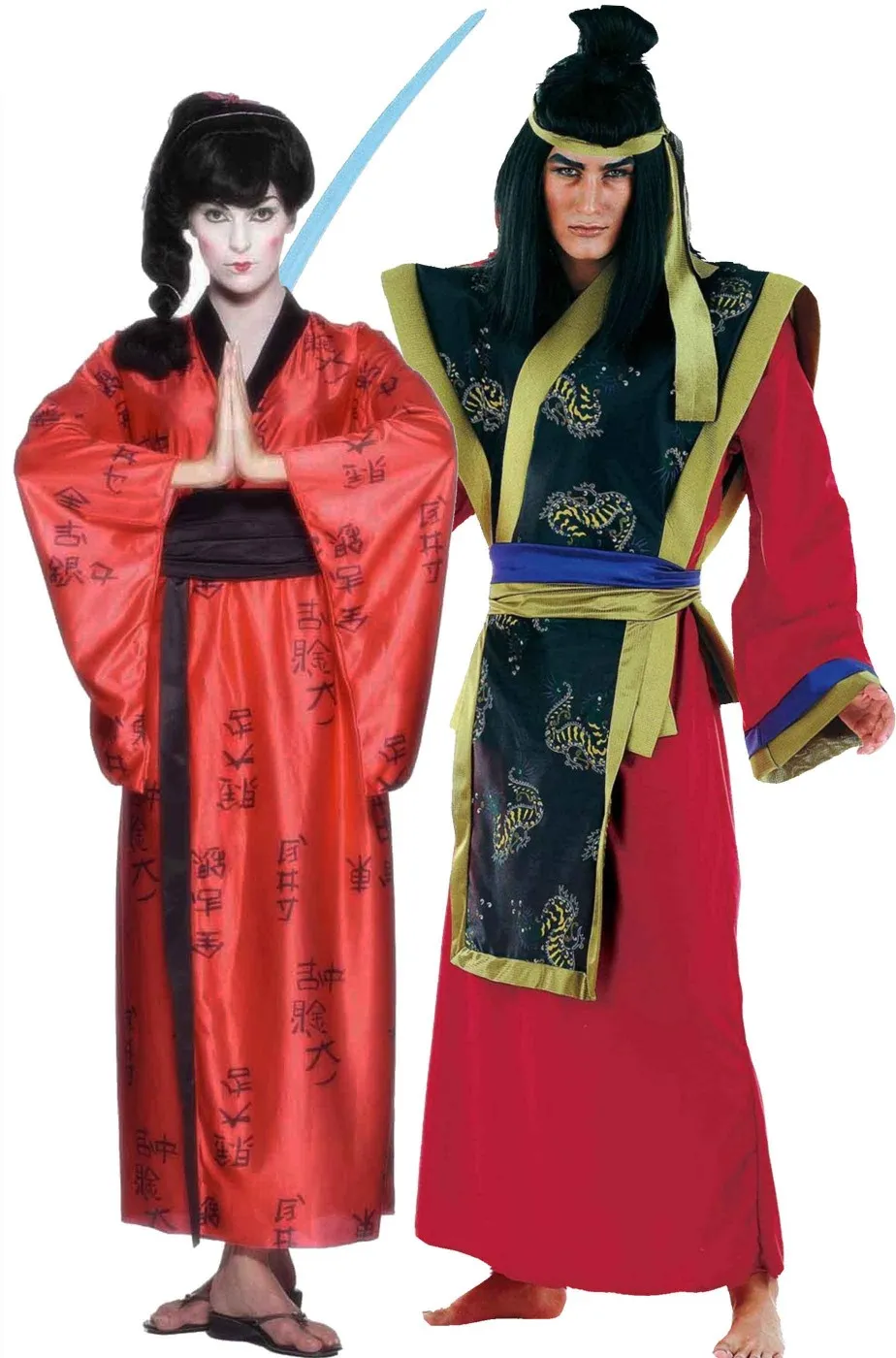 Coppia di costumi samurai e geisha giapponesi