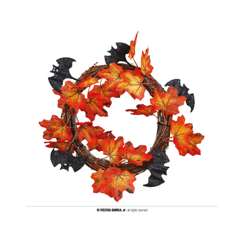 CORONA DA APPENDENDERE 30CM FOGLIE AUTUNNO E PIPISTRELLI NERI GLITTER HALLOWEEN PER ADDOBBI HORROR PER CASA SALE FESTE
