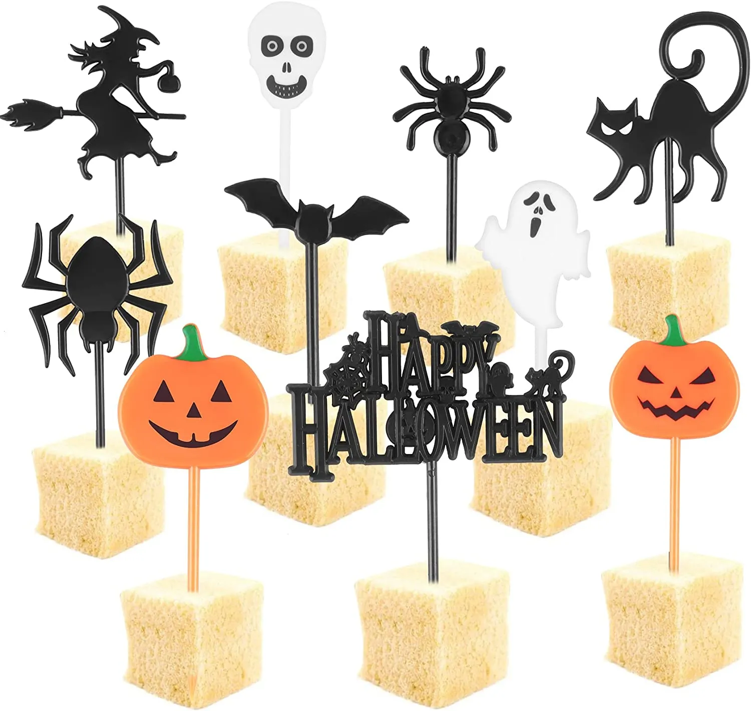 Decorazioni Torta Halloween, 100 Pezzi di Halloween Topper di Torta Topper Forma di Zucca, Fantasma, Pipistrello, Cranio e Ragno