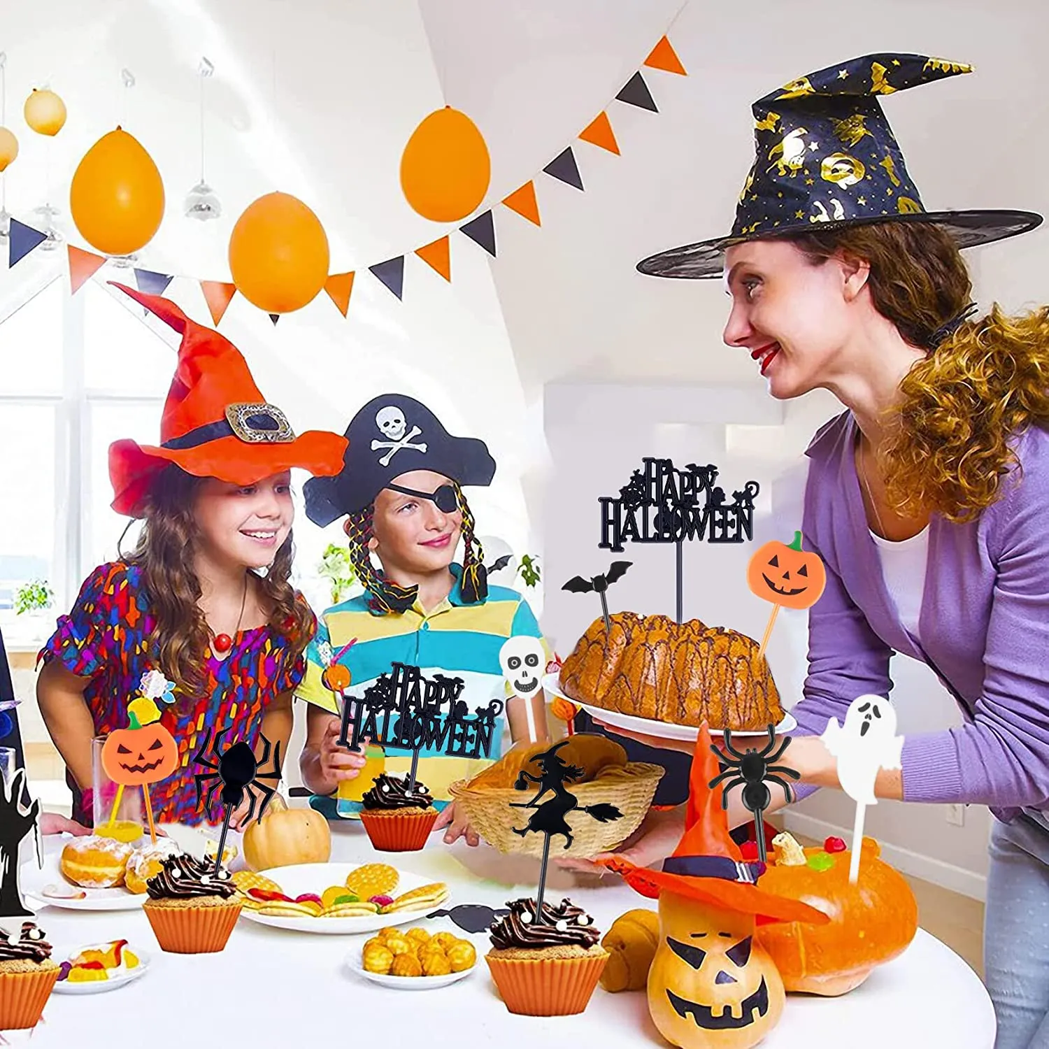 Decorazioni Torta Halloween, 100 Pezzi di Halloween Topper di Torta Topper Forma di Zucca, Fantasma, Pipistrello, Cranio e Ragno