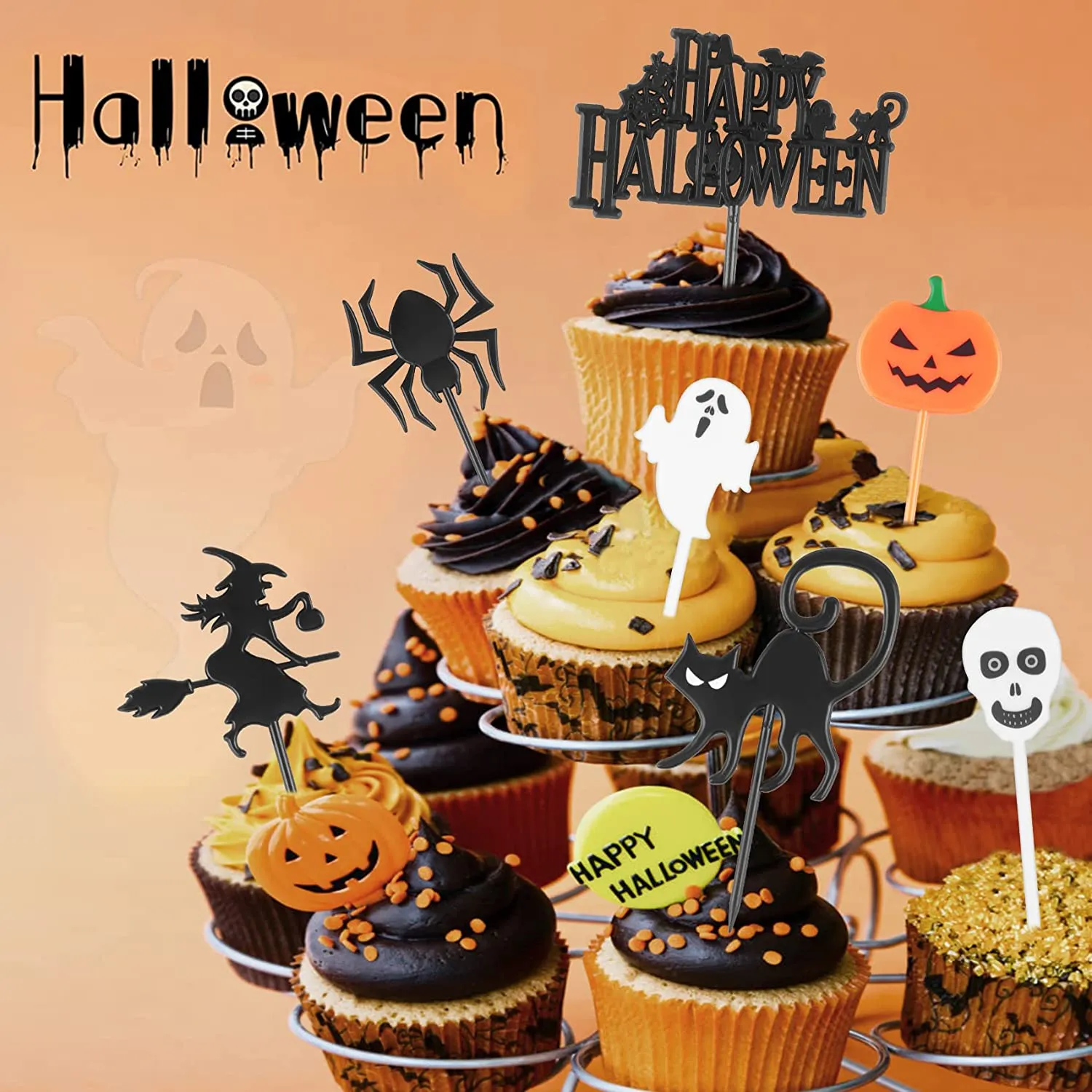 Decorazioni Torta Halloween, 100 Pezzi di Halloween Topper di Torta Topper Forma di Zucca, Fantasma, Pipistrello, Cranio e Ragno