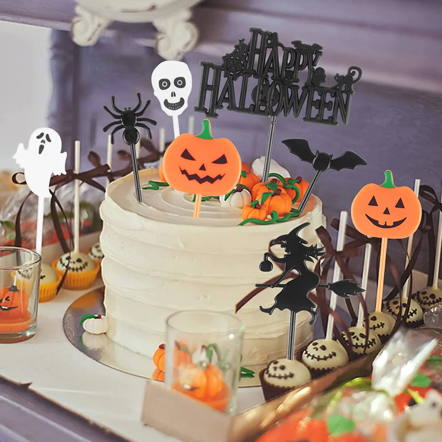 Decorazioni Torta Halloween, 100 Pezzi di Halloween Topper di Torta Topper Forma di Zucca, Fantasma, Pipistrello, Cranio e Ragno