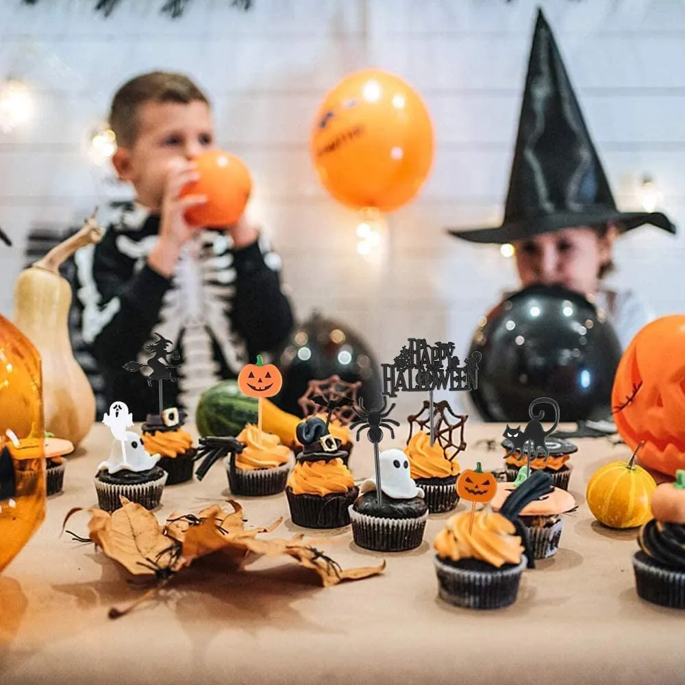 Decorazioni Torta Halloween, 100 Pezzi di Halloween Topper di Torta Topper Forma di Zucca, Fantasma, Pipistrello, Cranio e Ragno
