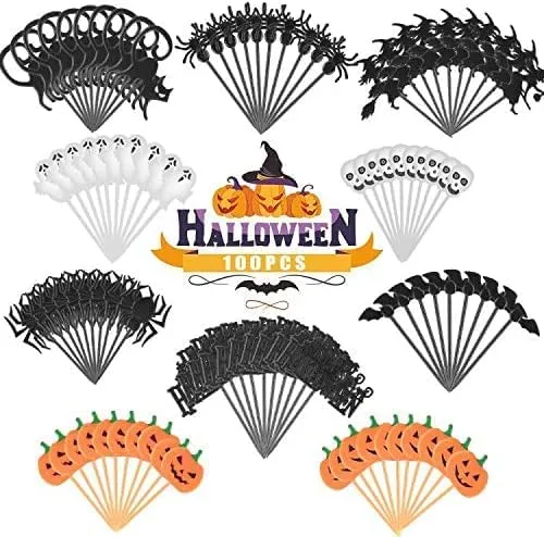 Decorazioni Torta Halloween, 100 Pezzi di Halloween Topper di Torta Topper Forma di Zucca, Fantasma, Pipistrello, Cranio e Ragno