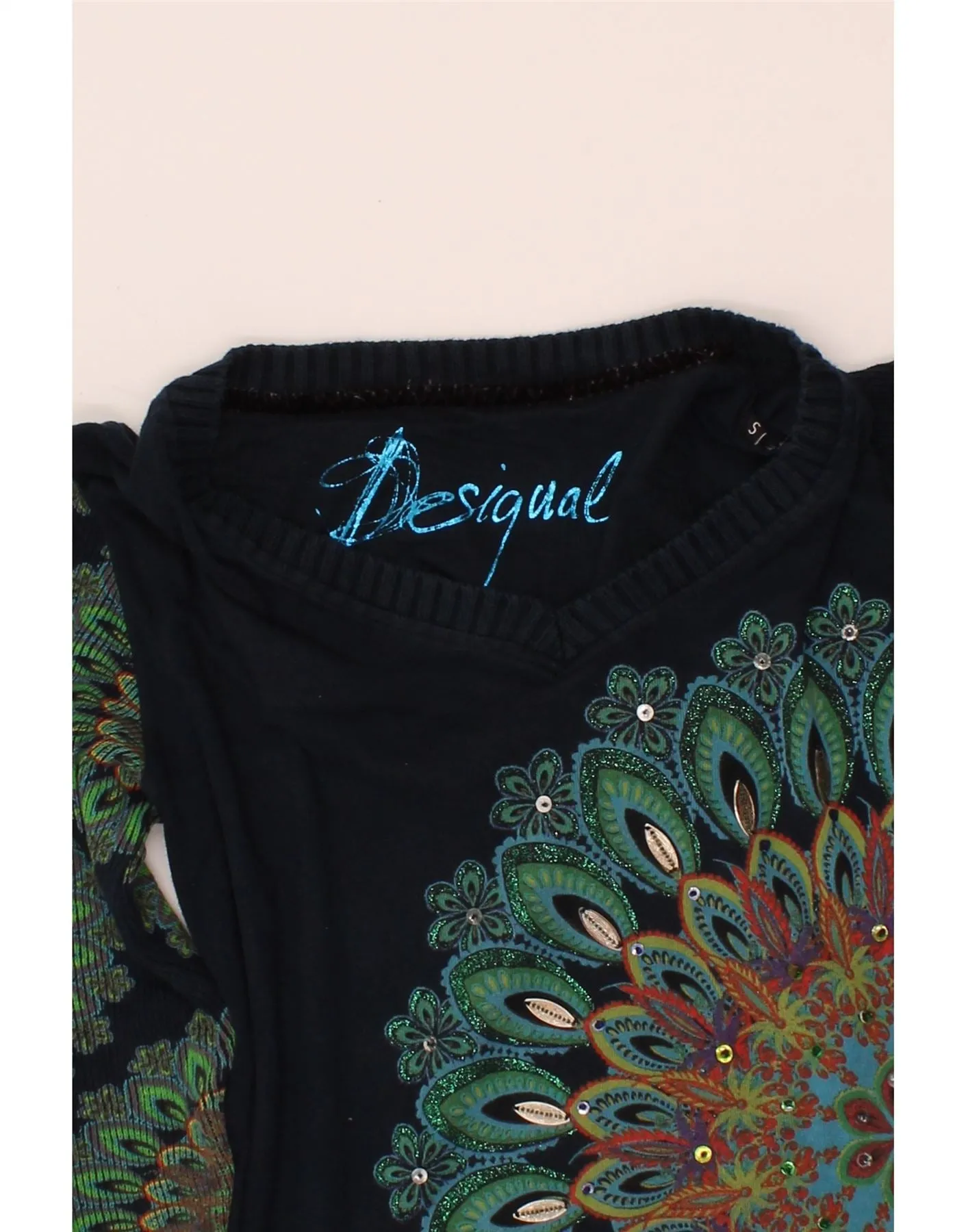 DESIGUAL Womens V-Neck Jumper Sweater UK 10 Small Navy Blue Paisley