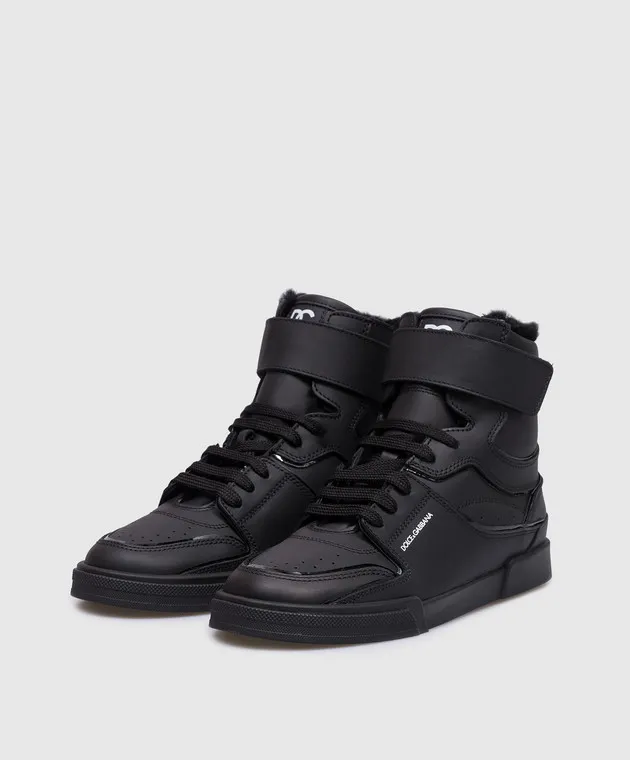 Dolce&Gabbana Scarpe alte da bambino in pelle nera con pelliccia DA5235AB2763036