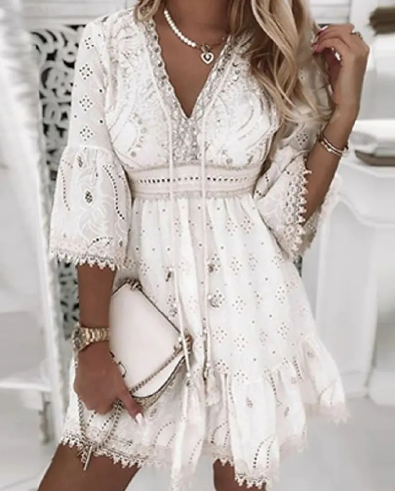 Donne casual 34 maniche una linea nappa abiti elegante ricamo pizzo patchwork mini abito profondo scollo a V jacquard partito D