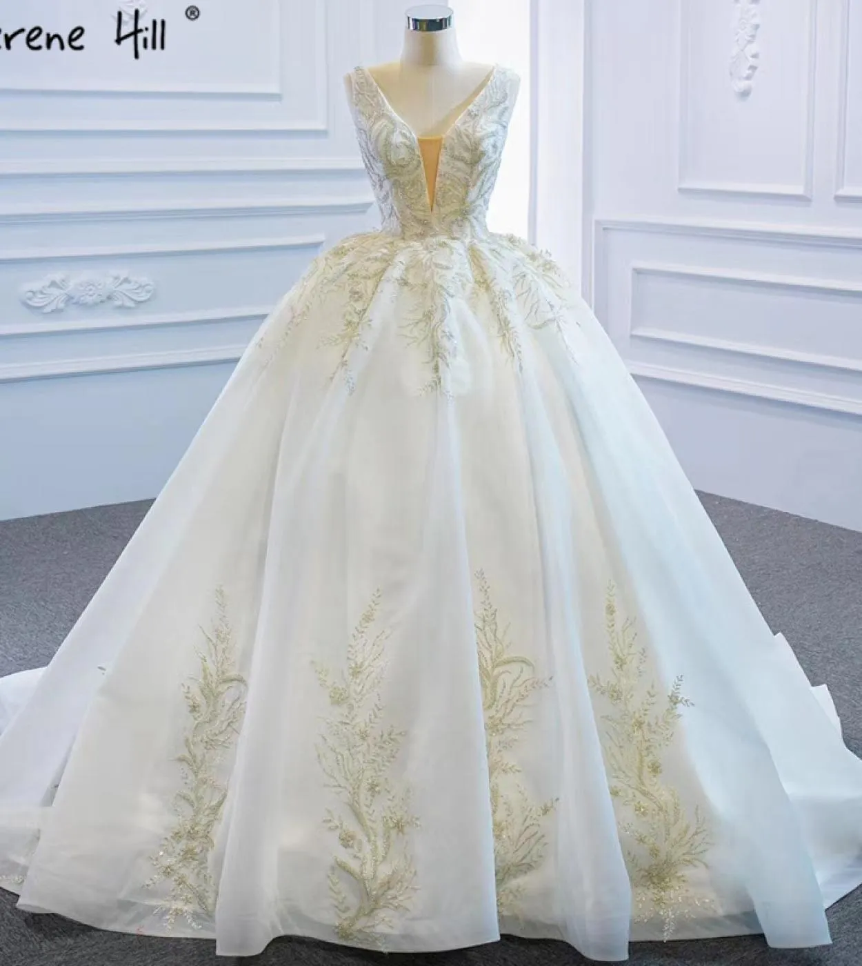Dubai Vneck White Highend Abiti da sposa senza maniche con perline Abiti da sposa con lacci Hm67167 Abiti da sposa su misura