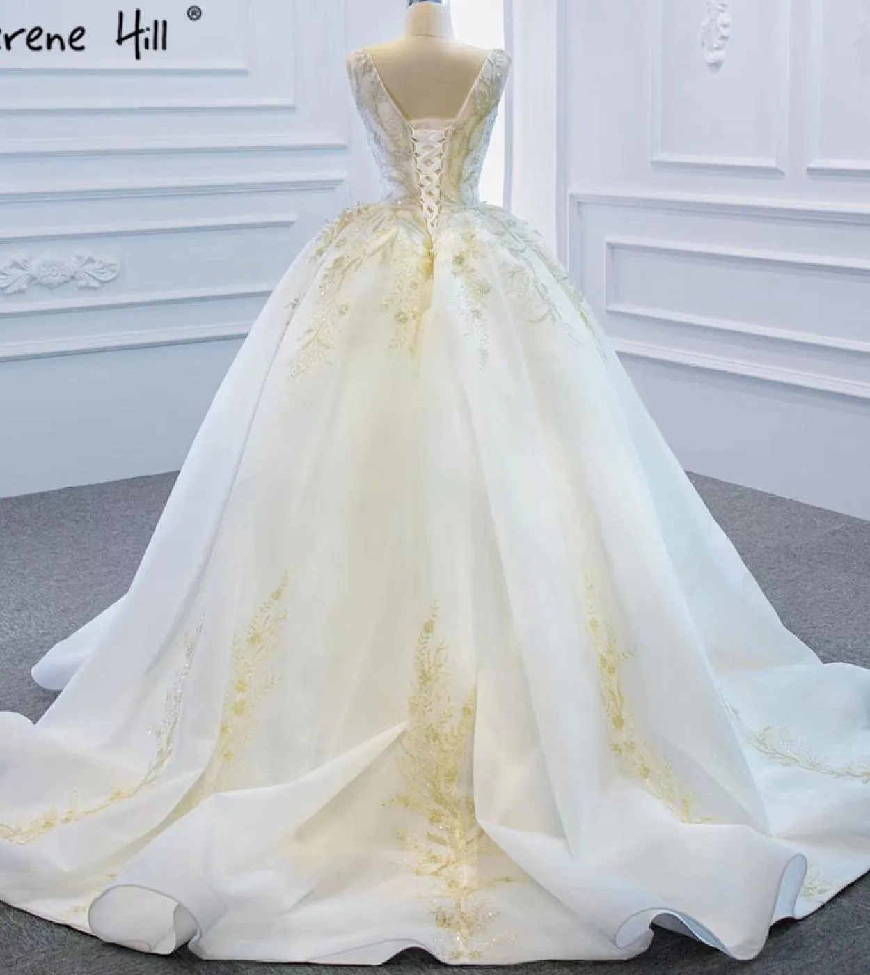 Dubai Vneck White Highend Abiti da sposa senza maniche con perline Abiti da sposa con lacci Hm67167 Abiti da sposa su misura