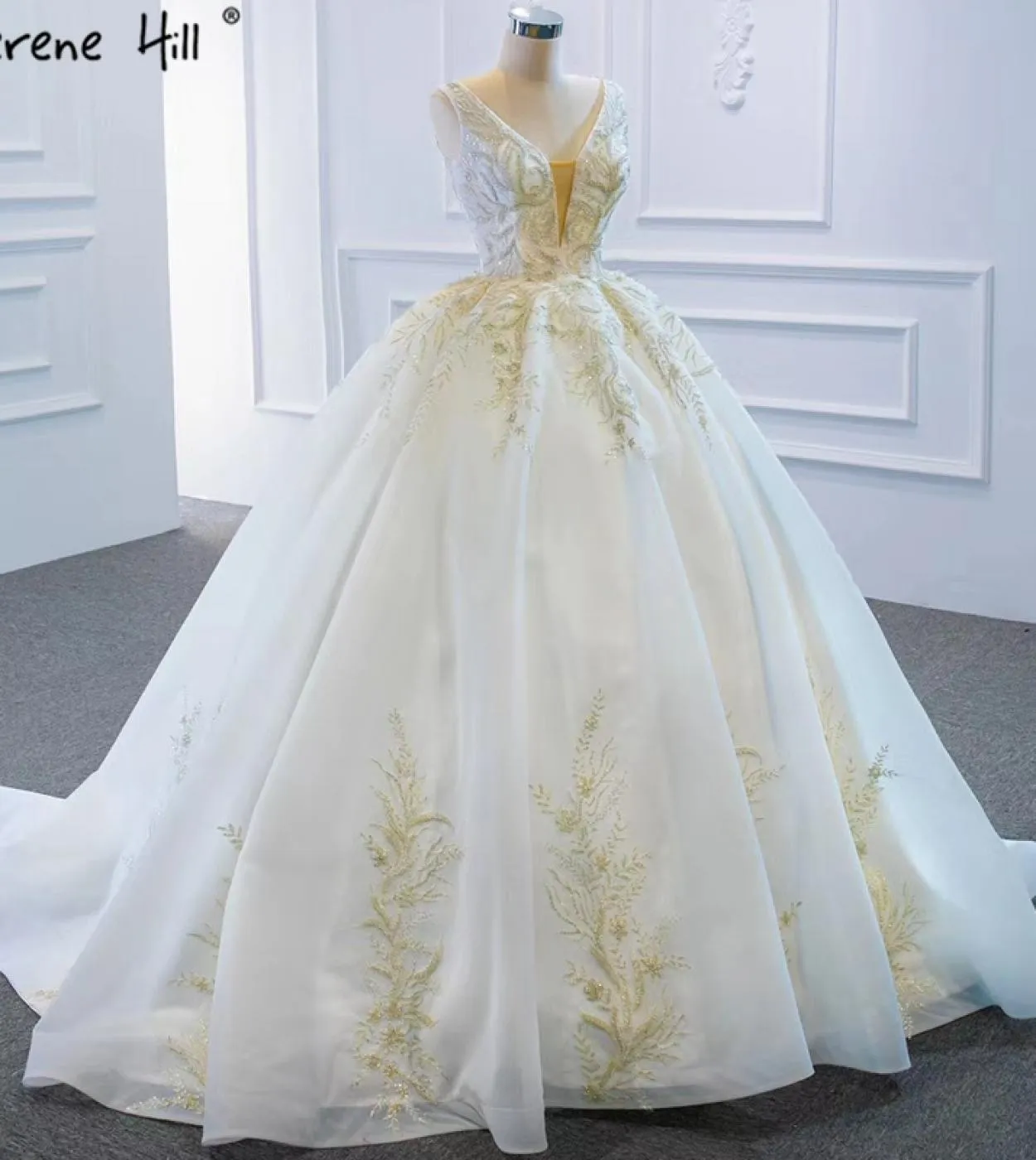 Dubai Vneck White Highend Abiti da sposa senza maniche con perline Abiti da sposa con lacci Hm67167 Abiti da sposa su misura