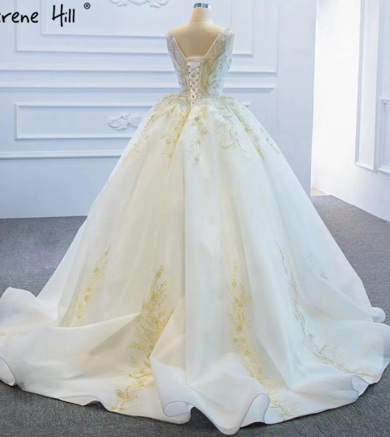 Dubai Vneck White Highend Abiti da sposa senza maniche con perline Abiti da sposa con lacci Hm67167 Abiti da sposa su misura