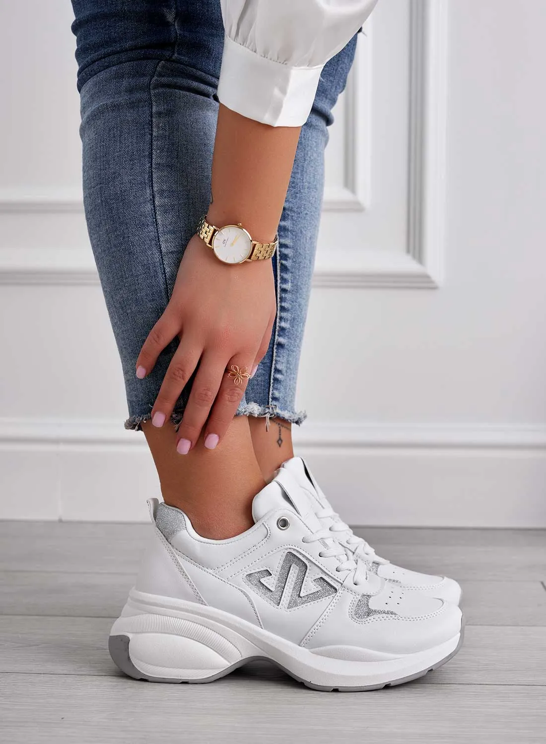 ELISABETTA - Sneakers bianche con suola bombata e inserti glitter argento