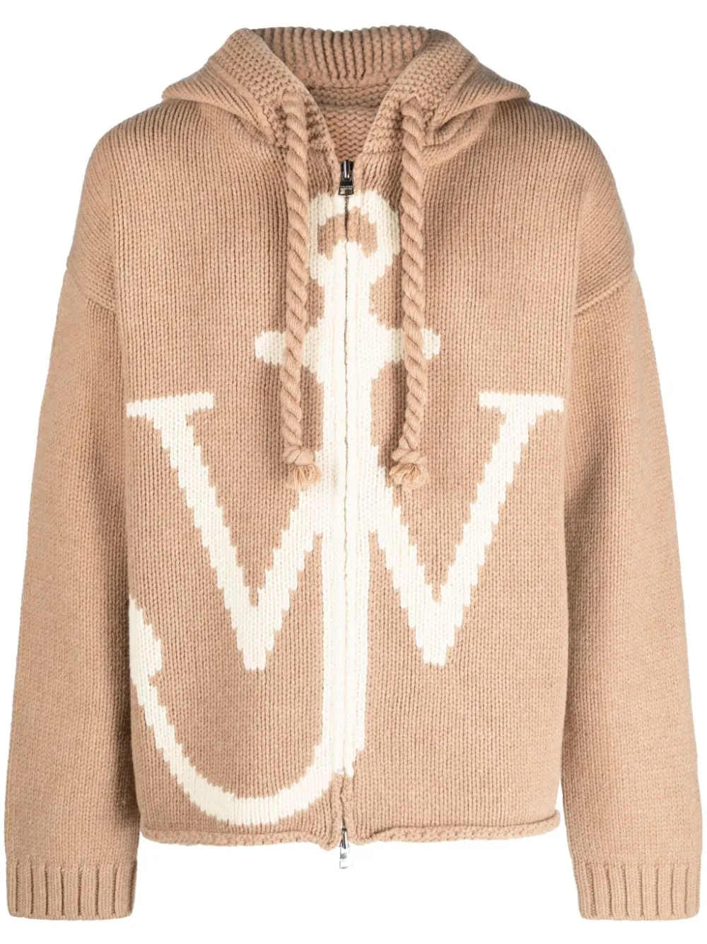 felpa beige in maglia con cappuccio
