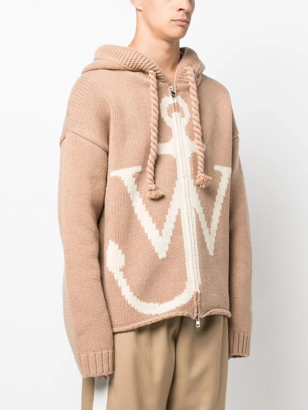 felpa beige in maglia con cappuccio