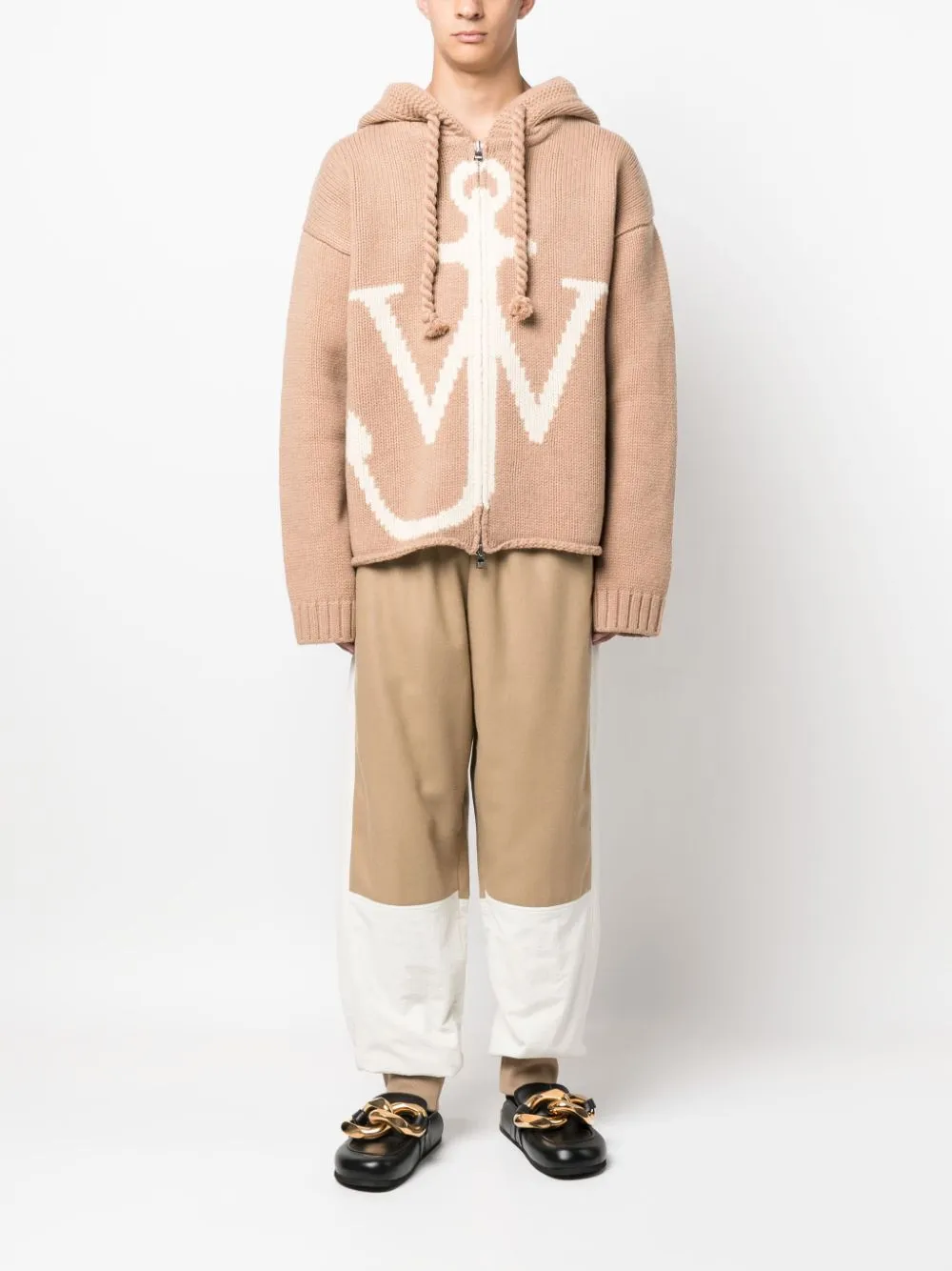 felpa beige in maglia con cappuccio