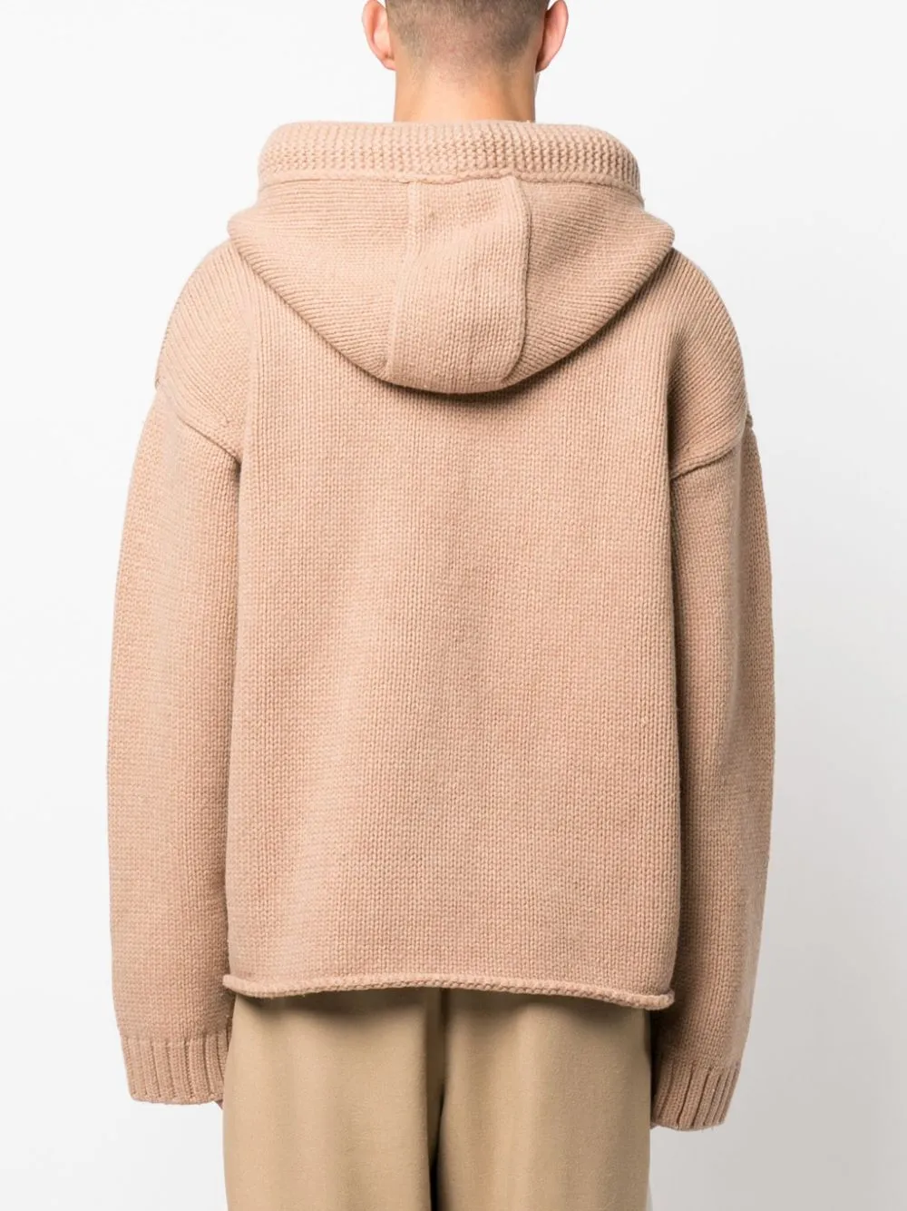 felpa beige in maglia con cappuccio