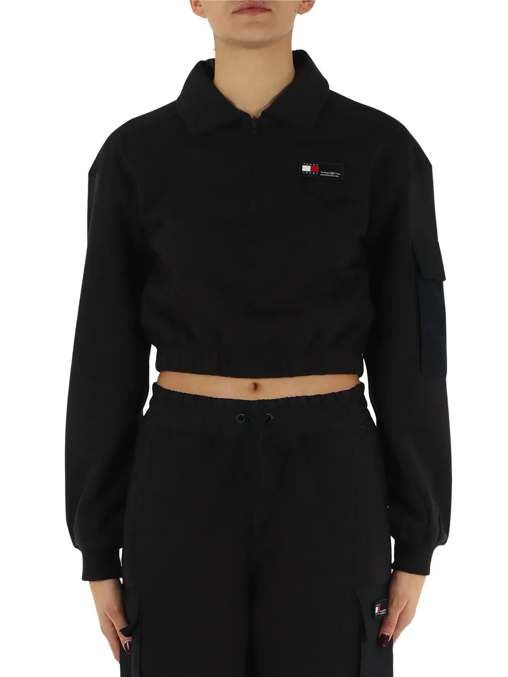 Felpa crop in cotone garzato con zip