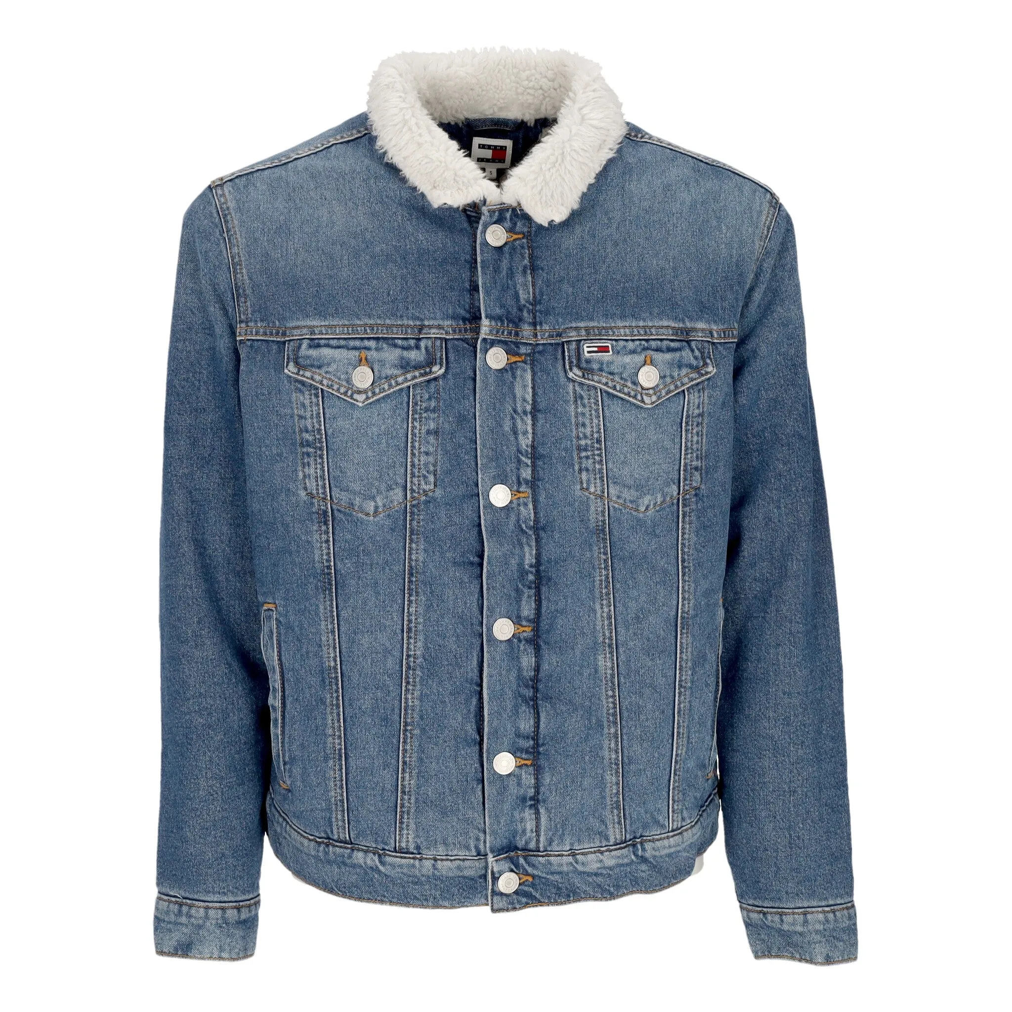 Giubbotto Jeans Uomo Regular Sherpa Flag Trucker Jacket Denim Medium