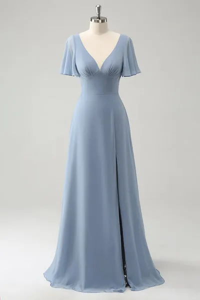 Grigio Blu V-Neck Puff Chiffon Abito lungo da damigella d'onore con Hollow Out Back