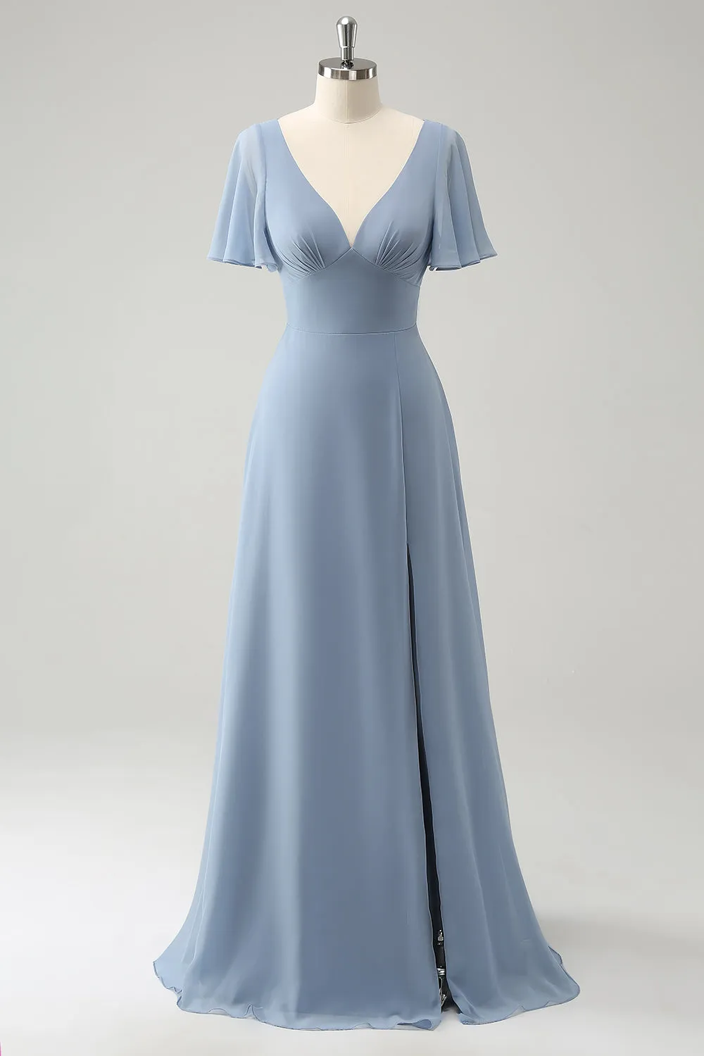 Grigio Blu V-Neck Puff Chiffon Abito lungo da damigella d'onore con Hollow Out Back