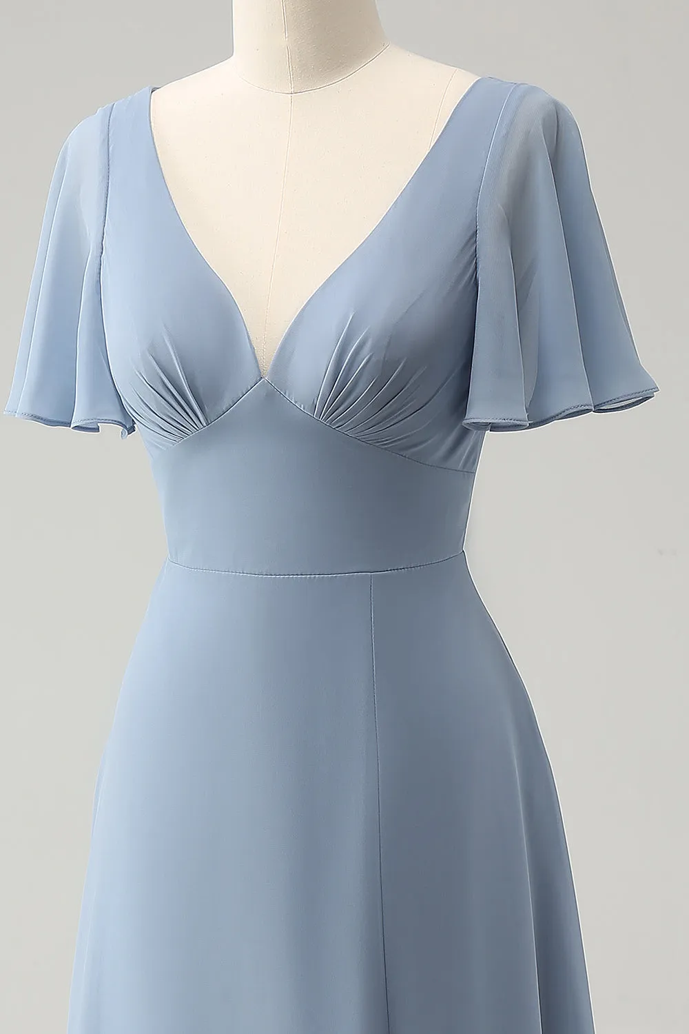 Grigio Blu V-Neck Puff Chiffon Abito lungo da damigella d'onore con Hollow Out Back