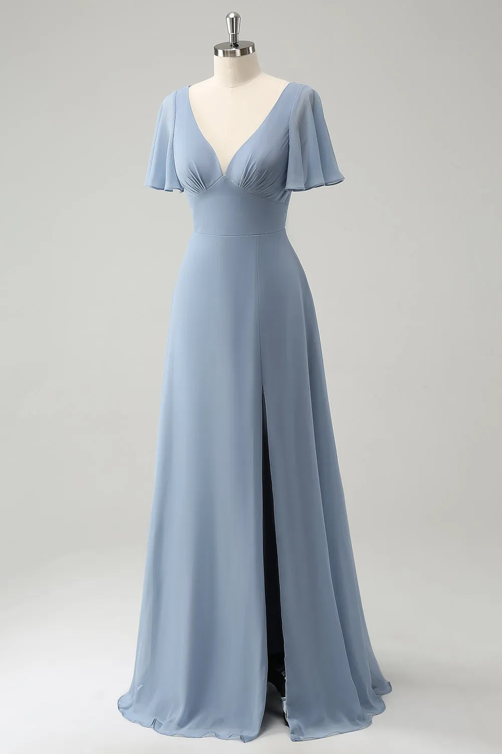 Grigio Blu V-Neck Puff Chiffon Abito lungo da damigella d'onore con Hollow Out Back