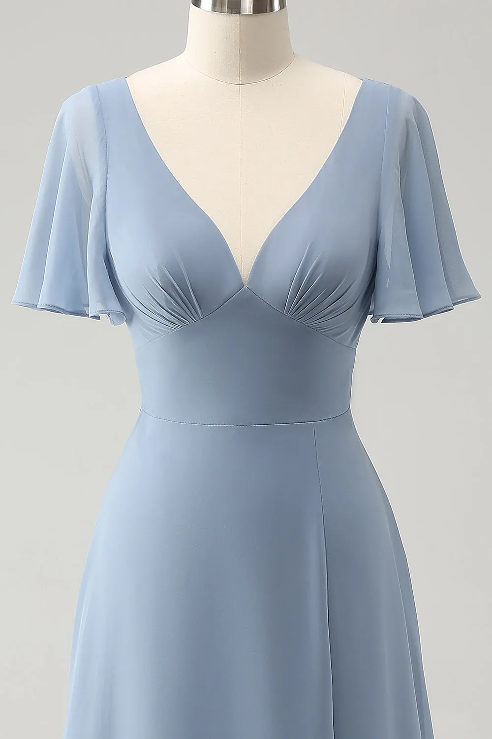 Grigio Blu V-Neck Puff Chiffon Abito lungo da damigella d'onore con Hollow Out Back