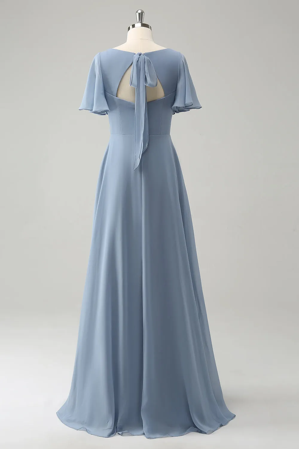 Grigio Blu V-Neck Puff Chiffon Abito lungo da damigella d'onore con Hollow Out Back