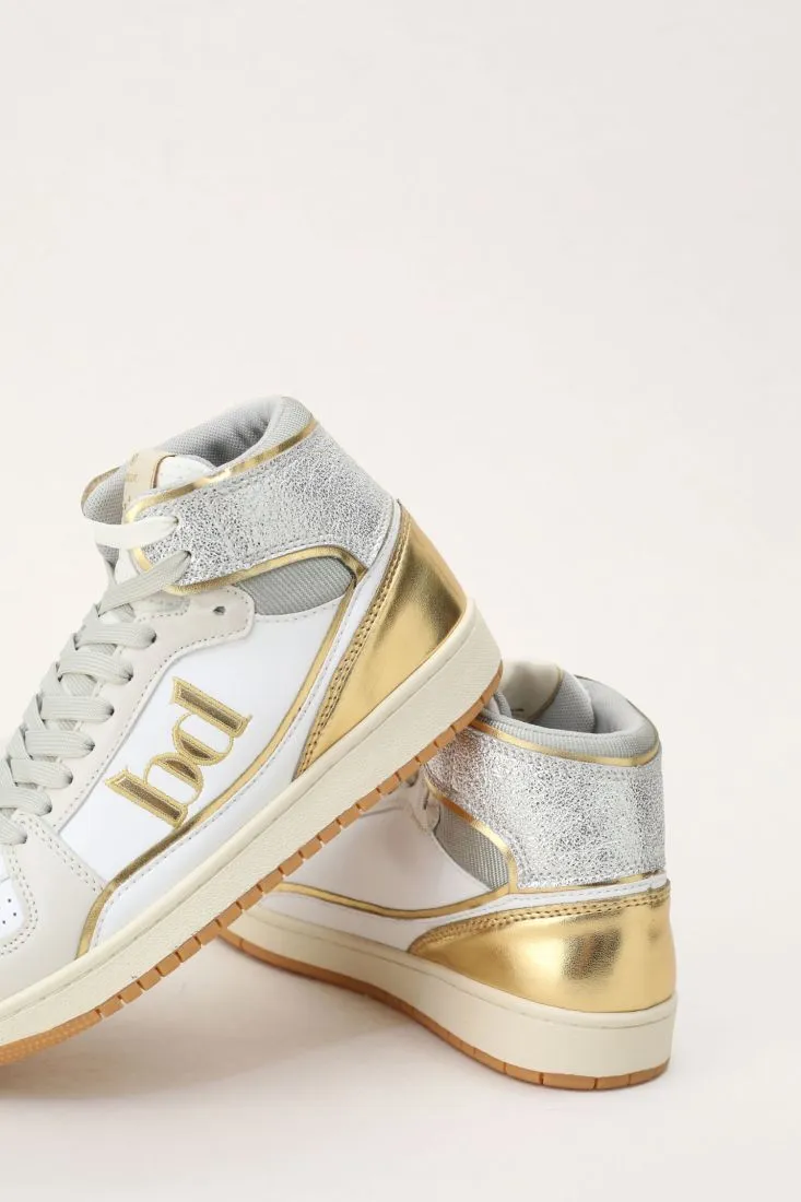  High-top sneakers with metallic inserts and logo detailing    