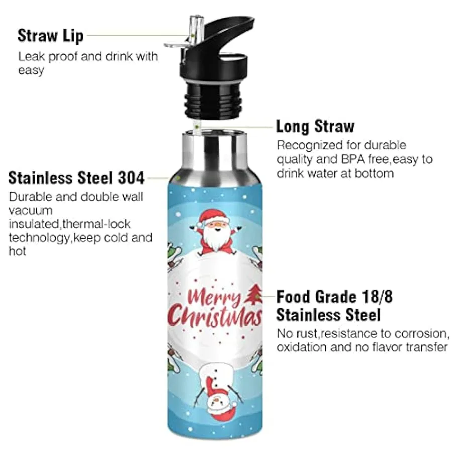KAAVIYO Palla di Neve Natale Animale Blu Bottiglia Acqua Isolato Borraccia Termica Acciaio Inox 600ML Water Bottle per Bambini S
