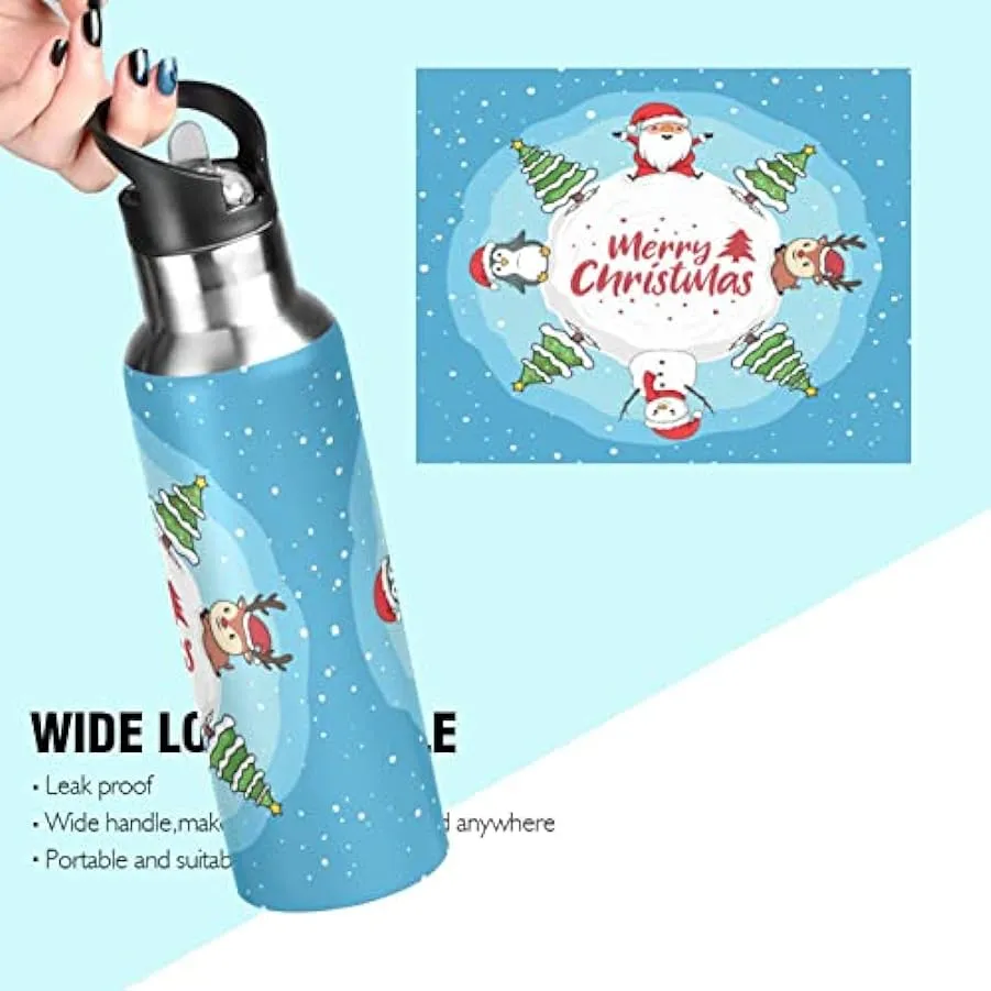 KAAVIYO Palla di Neve Natale Animale Blu Bottiglia Acqua Isolato Borraccia Termica Acciaio Inox 600ML Water Bottle per Bambini S