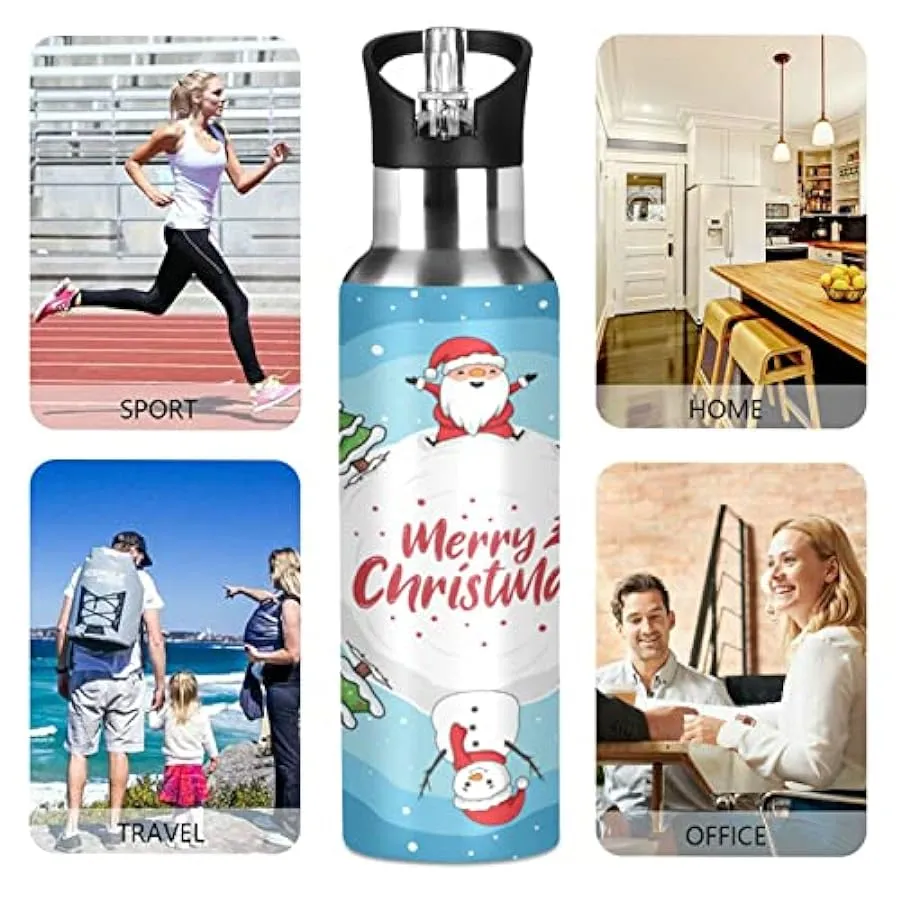 KAAVIYO Palla di Neve Natale Animale Blu Bottiglia Acqua Isolato Borraccia Termica Acciaio Inox 600ML Water Bottle per Bambini S