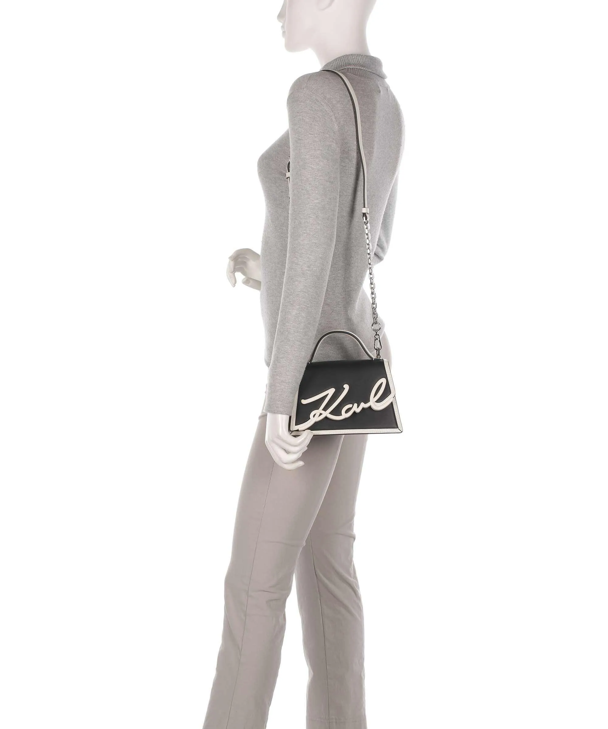  Karl Lagerfeld K/Signature 2.0 Small Borsa a mano pelle di vacchetta finemente grana nero/bianco  