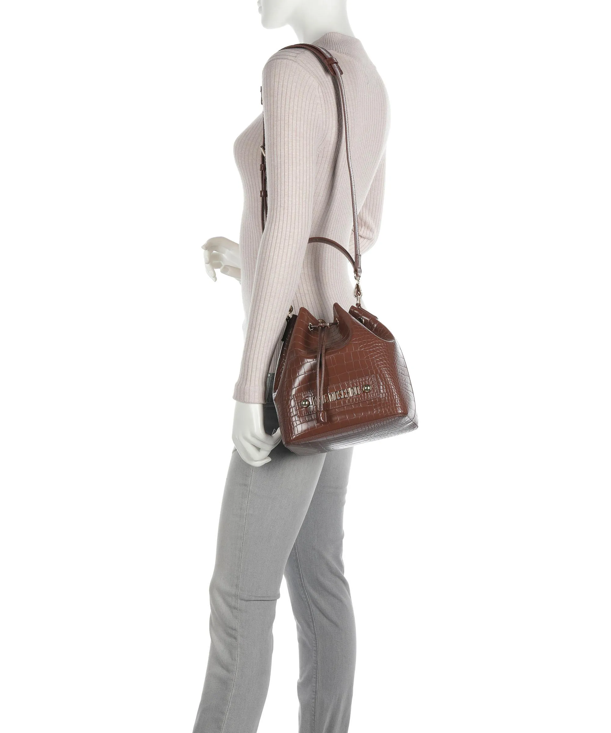  Love Moschino Big Logo Croco Borsa a secchiello pelle sintetica marrone  