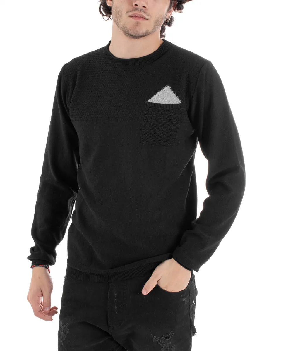 Maglioncino Uomo Maglia Girocollo Taschino Pochette Tinta Unita Nero Casual GIOSAL-M1651A