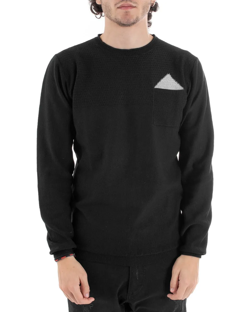 Maglioncino Uomo Maglia Girocollo Taschino Pochette Tinta Unita Nero Casual GIOSAL-M1651A
