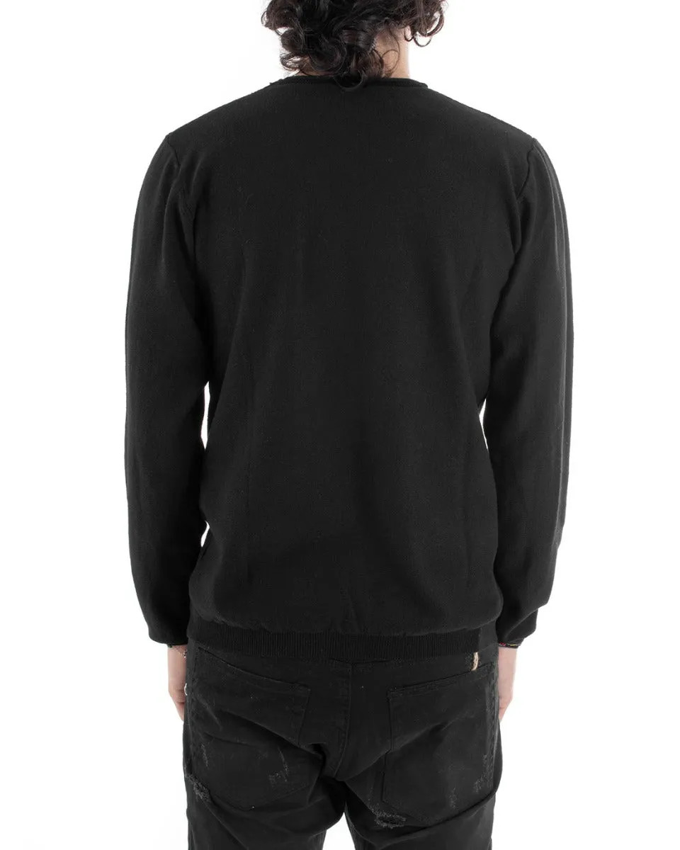 Maglioncino Uomo Maglia Girocollo Taschino Pochette Tinta Unita Nero Casual GIOSAL-M1651A