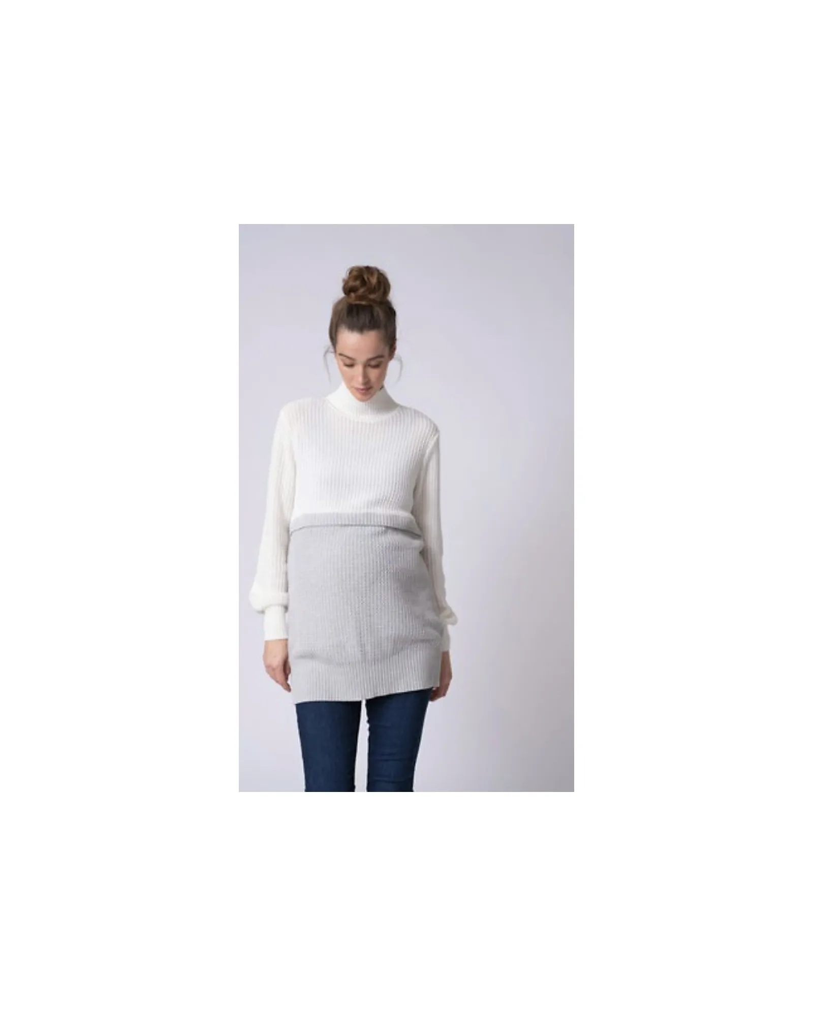 Maglione Premaman Collo Alto Ashlyn - Grigio e Bianco - Cotone