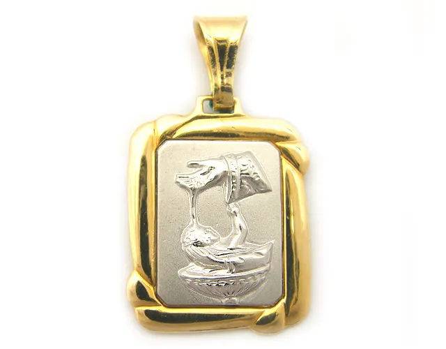 Medaglia Fonte Battesimale rettangolare in oro giallo e bianco 18kt