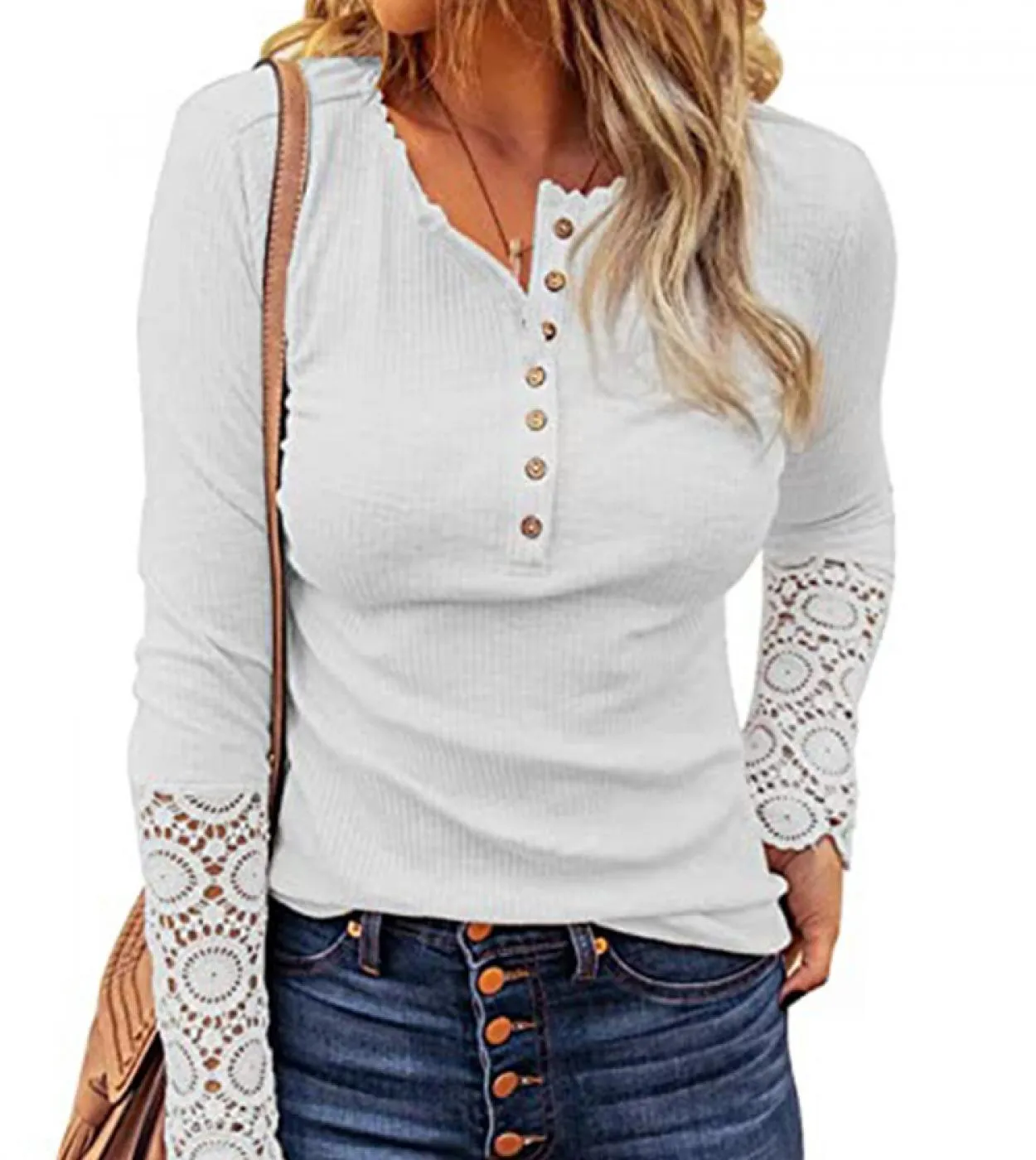 Moda manica lunga in pizzo con scollo a V manica lunga magliette lavorate a maglia casual vintage maglietta da donna autunno inv