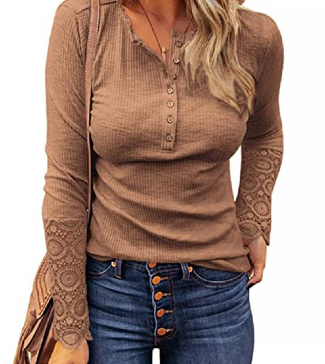 Moda manica lunga in pizzo con scollo a V manica lunga magliette lavorate a maglia casual vintage maglietta da donna autunno inv