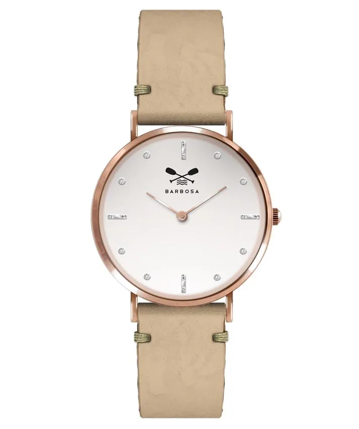 OROLOGIO BIANCO ZIRCONI dm. 36,5 PELLE CREMA ROMBI BLU
