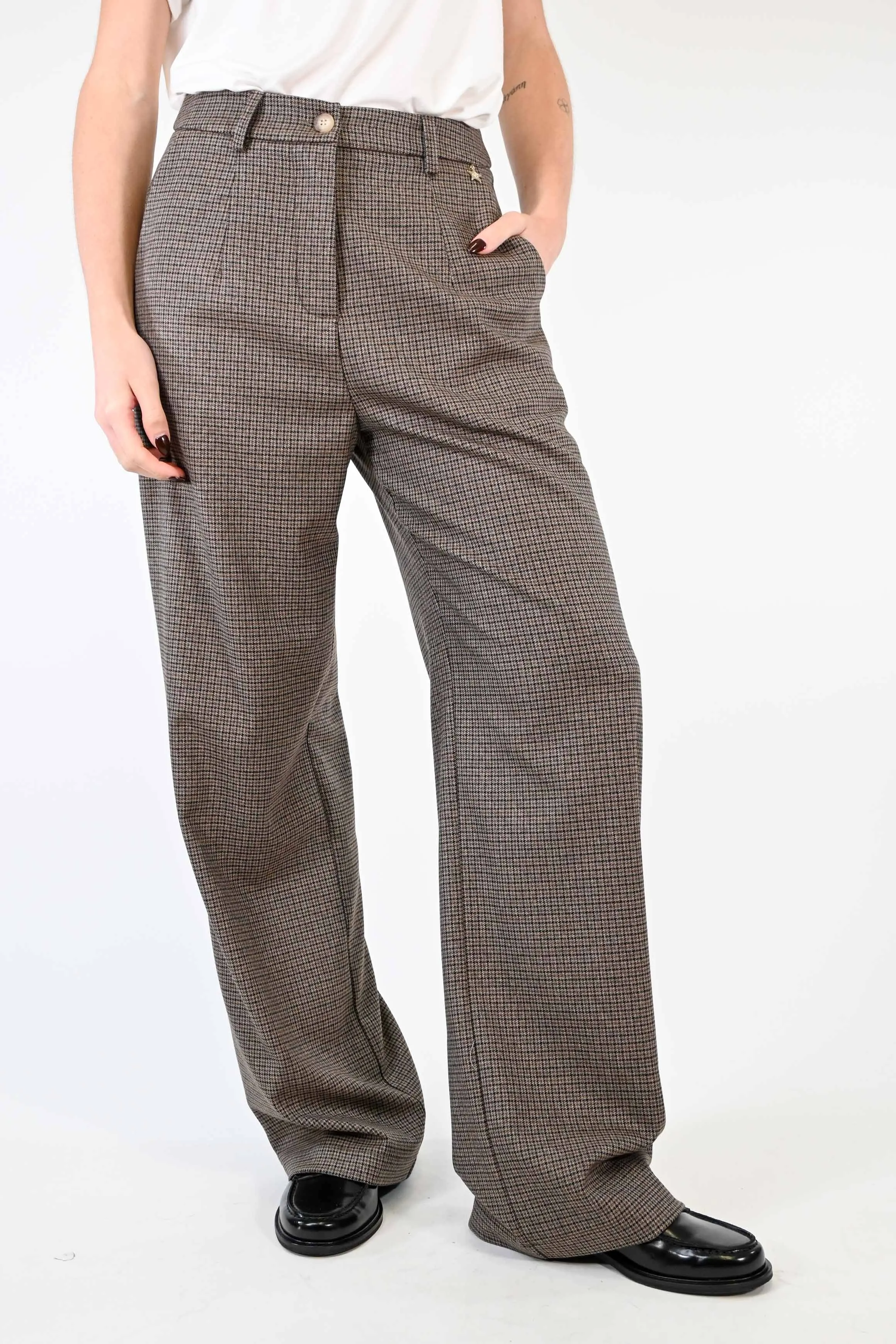 PANTALONE PALAZZO FANTASIA PIED DE POULE CAMMELLO/BLU