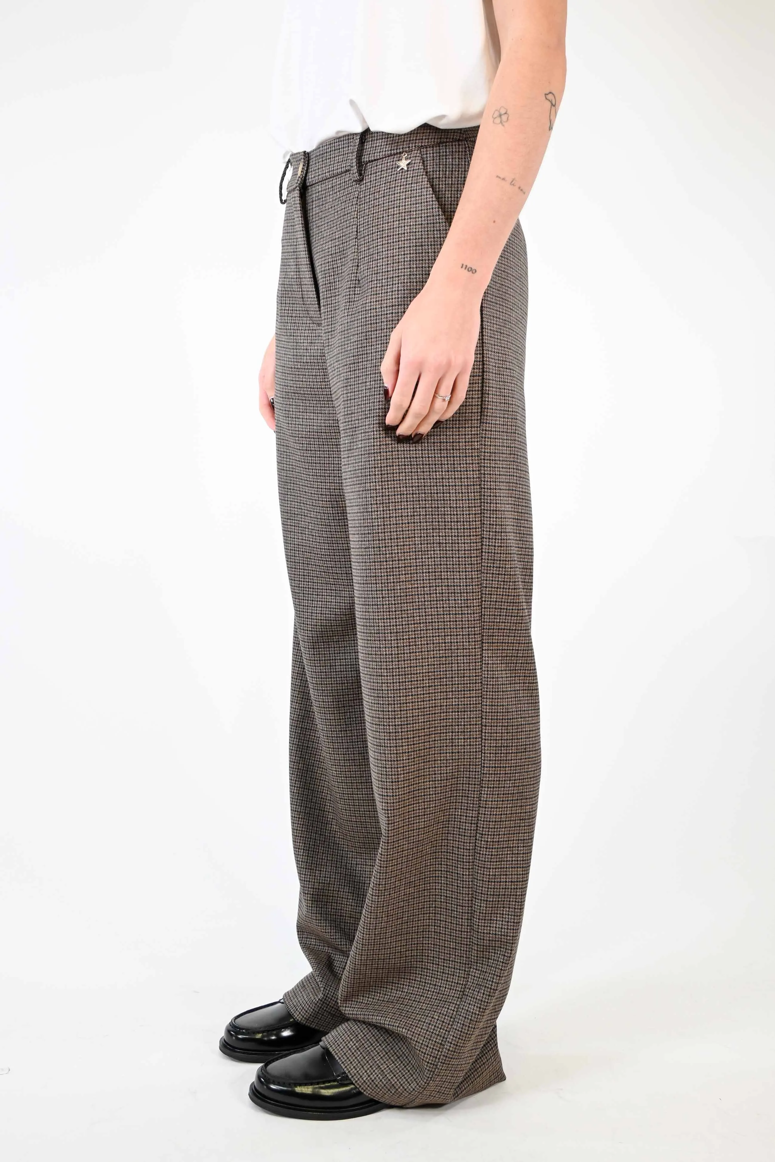 PANTALONE PALAZZO FANTASIA PIED DE POULE CAMMELLO/BLU