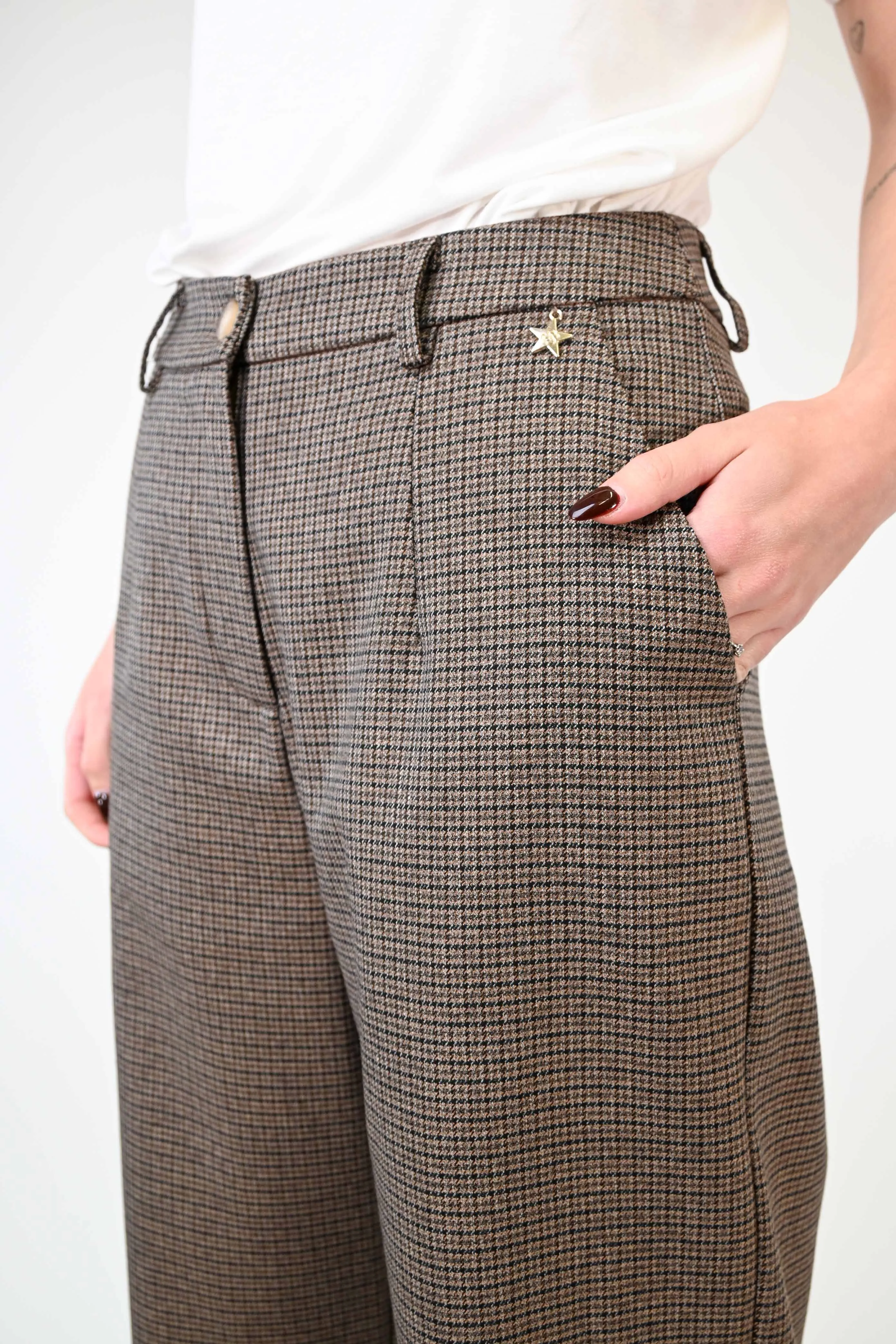PANTALONE PALAZZO FANTASIA PIED DE POULE CAMMELLO/BLU