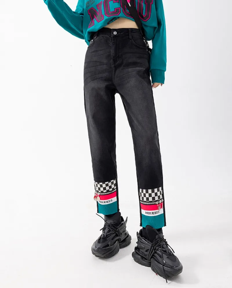 Pantaloni da donna a vita alta a gamba dritta Jeans a contrasto con cuciture a scacchiera