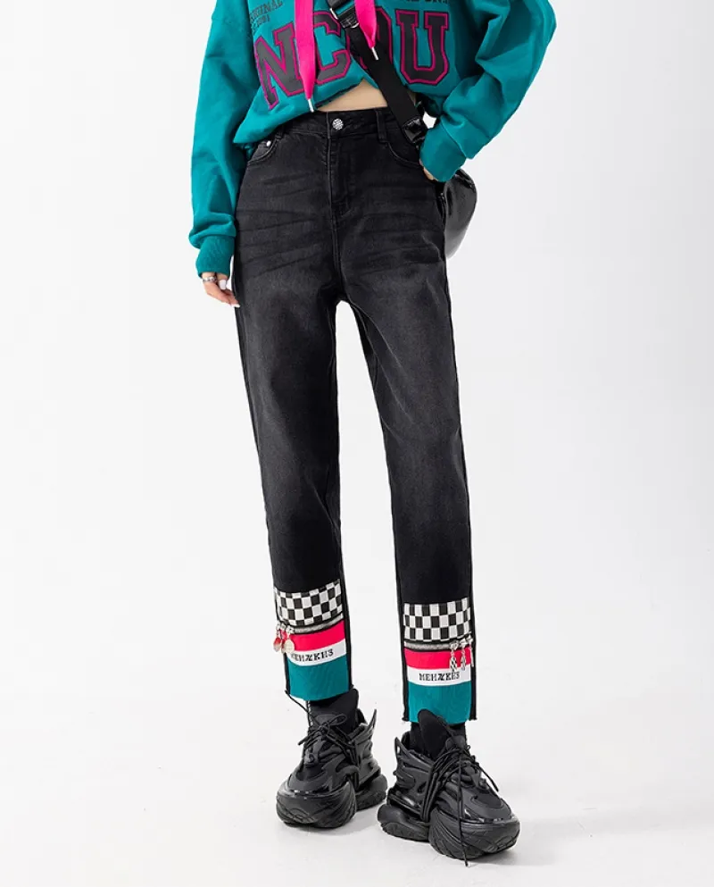 Pantaloni da donna a vita alta a gamba dritta Jeans a contrasto con cuciture a scacchiera