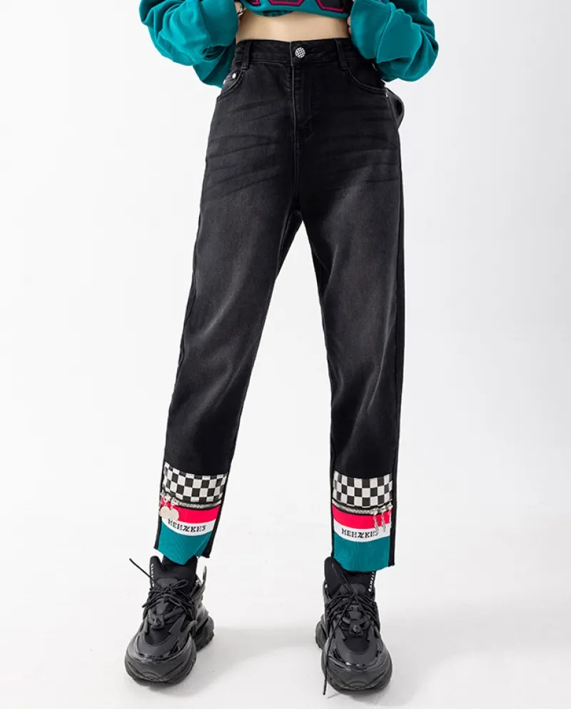 Pantaloni da donna a vita alta a gamba dritta Jeans a contrasto con cuciture a scacchiera