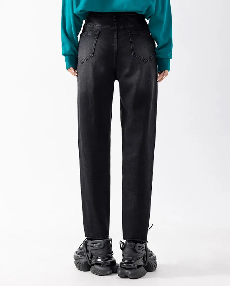 Pantaloni da donna a vita alta a gamba dritta Jeans a contrasto con cuciture a scacchiera